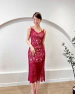 Eyelash Lace Body Fit Slit Midi Dress WHITE/ MAROON (XS-L)