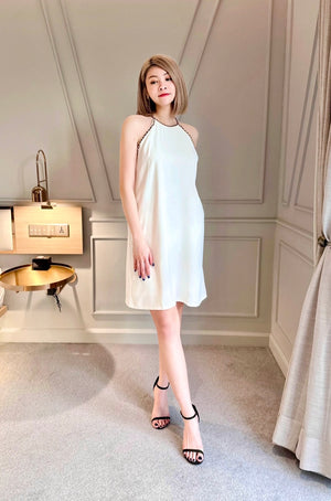 Halter Chain Design Flare Mini Dress WHITE/ MAROON (S-L)