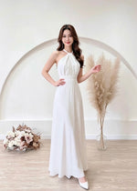 *S&C Made* Satin Halter Bow Design Flare Maxi Dress WHITE/ CHAMPAGNE (XS-L)