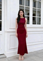 *S&C Made* Sleeveless Pleats Body Fit Mermaid Maxi Dress MAROON/ BLACK (S-XL)