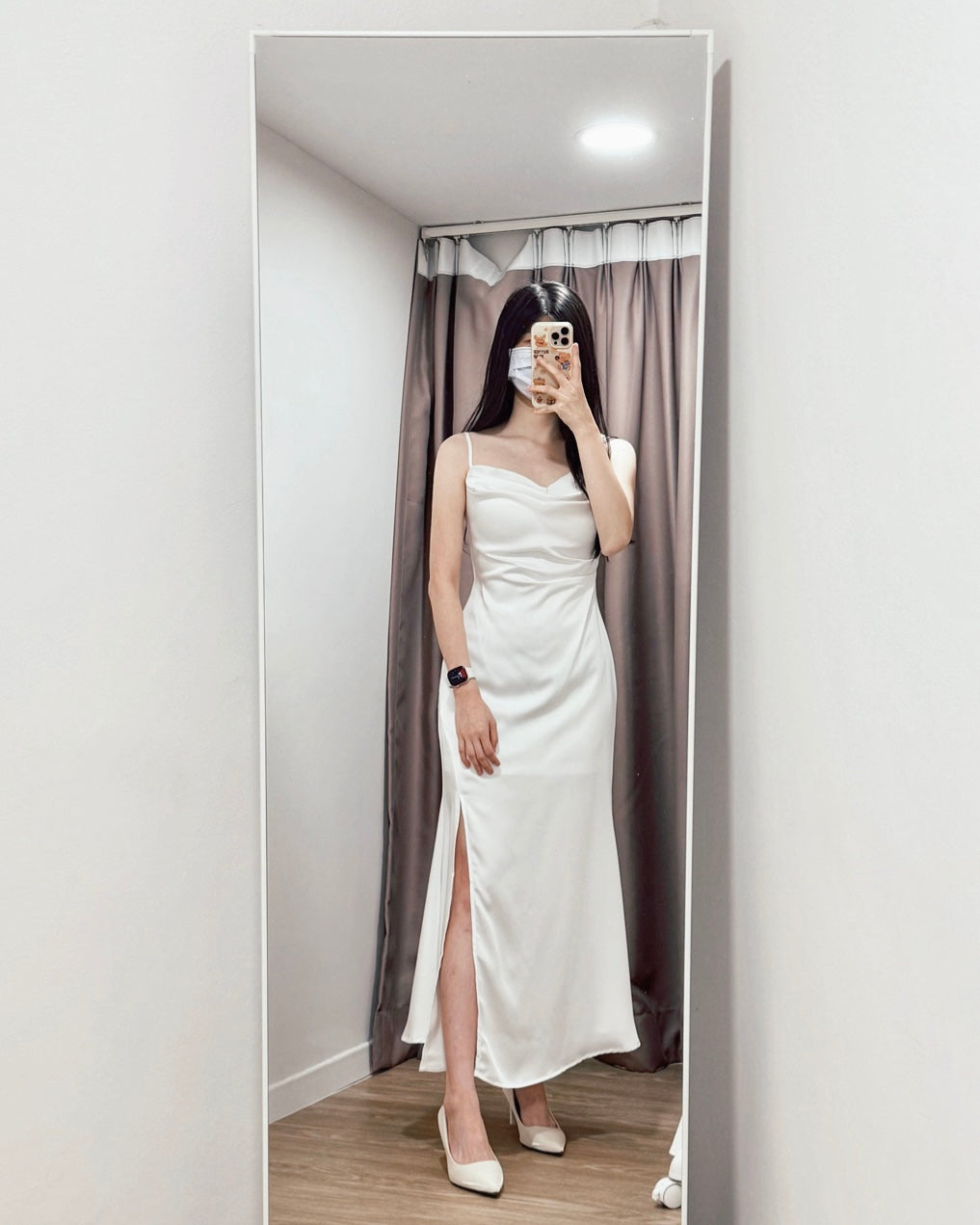 *S&C Made* Spaghetti Straps Satin Pleats Maxi Dress WHITE (XS-L)