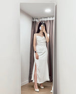 *S&C Made* Spaghetti Straps Satin Pleats Maxi Dress WHITE (XS-L)