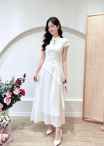 Short Sleeve Asymmetry Qipao Dress WHITE/ BEIGE (S-2XL)