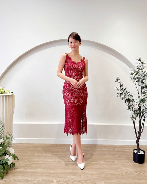 Eyelash Lace Body Fit Slit Midi Dress WHITE/ MAROON (XS-L) Sweet & Classy Co. Eyelash Lace Body Fit Slit Midi Dress WHITE/ MAROON (XS-L) Sweet & Classy Co.