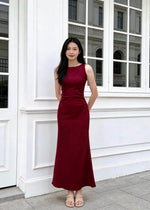 *S&C Made* Sleeveless Pleats Body Fit Mermaid Maxi Dress MAROON/ BLACK (S-XL)