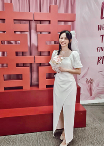 Puffy Sleeve Pleats Design Slit Maxi Gown (S-L)
