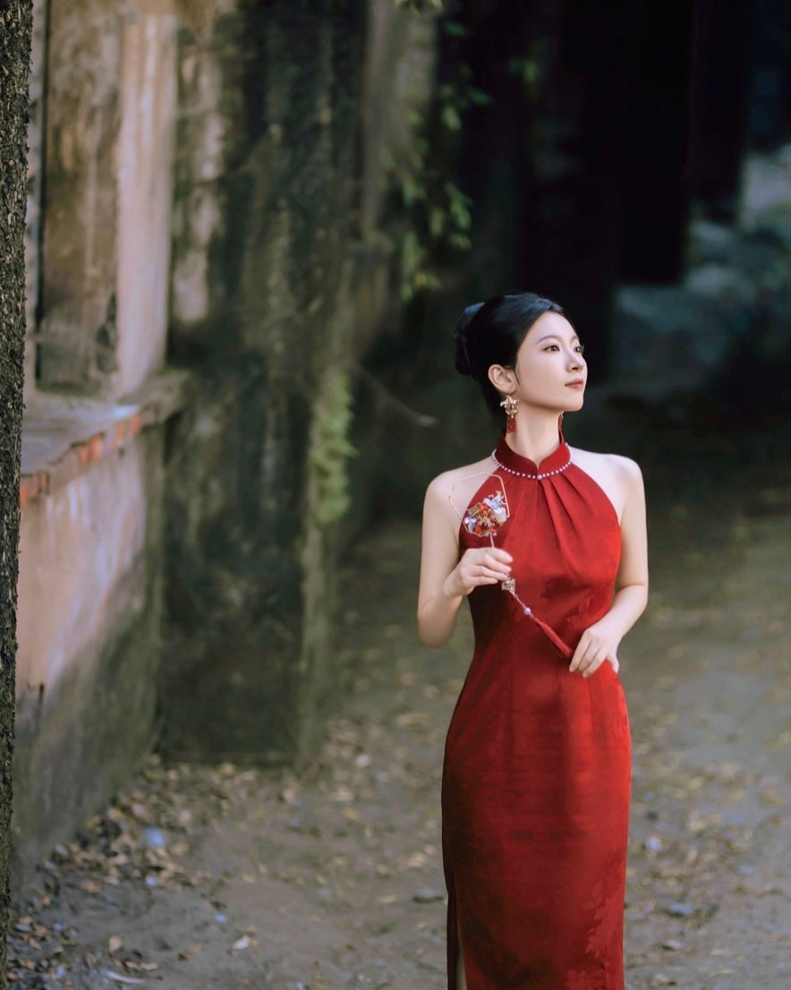 *S&C Made* Halter Pearl Neckline Qipao MAROON (XS-L)