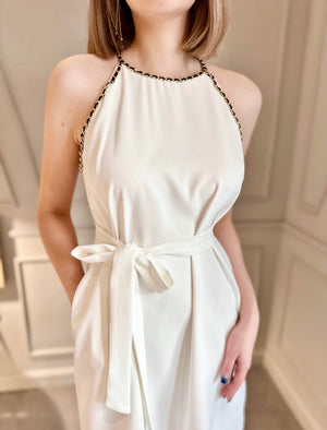 Halter Chain Design Flare Mini Dress WHITE/ MAROON (M)
