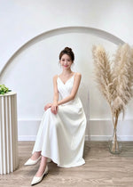 V Spaghetti Straps Pleats Flare Maxi Gown WHITE (XS-M)