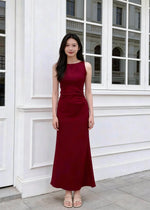 *S&C Made* Sleeveless Pleats Body Fit Mermaid Maxi Dress MAROON/ BLACK (S-XL)