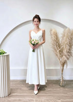 V Spaghetti Straps Pleats Flare Maxi Gown WHITE (XS-M)