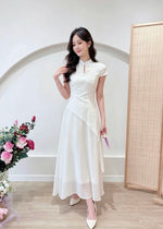 Short Sleeve Asymmetry Qipao Dress WHITE/ BEIGE (S-2XL)