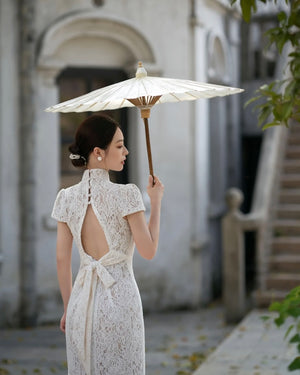 *S&C MADE* (Beige lining) Eyelash Lace Bow Design QiPao (L)