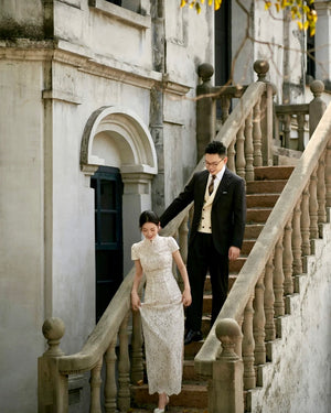 *S&C MADE* (Beige lining) Eyelash Lace Bow Design QiPao (L)