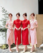 Floral Satin Cheongsam Knot Slit Dress PEACH PINK/ BRIGHT RED (S-XL)