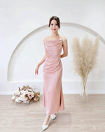 Satin Cowl Neck Pleats Maxi Dress PINK (S-L)