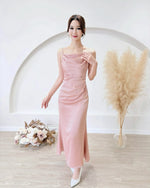 Satin Cowl Neck Pleats Maxi Dress PINK (S-L)