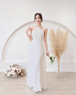 *S&C Made* Satin Halter Bow Design Flare Maxi Dress WHITE/ CHAMPAGNE (XS-L)