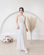 *S&C Made* Satin Halter Bow Design Flare Maxi Dress WHITE/ CHAMPAGNE (XS-L)