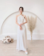 *S&C Made* Satin Halter Bow Design Flare Maxi Dress WHITE/ CHAMPAGNE (XS-L)