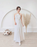 *S&C Made* Satin Halter Bow Design Flare Maxi Dress WHITE/ CHAMPAGNE (XS-L)