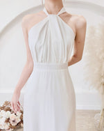*S&C Made* Satin Halter Bow Design Flare Maxi Dress WHITE/ CHAMPAGNE (XS-L)