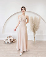 *S&C Made* Satin Halter Bow Design Flare Maxi Dress WHITE/ CHAMPAGNE (XS-L)