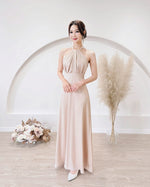 *S&C Made* Satin Halter Bow Design Flare Maxi Dress WHITE/ CHAMPAGNE (XS-L)