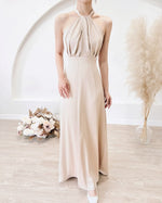 *S&C Made* Satin Halter Bow Design Flare Maxi Dress WHITE/ CHAMPAGNE (XS-L)