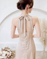 *S&C Made* Satin Halter Bow Design Flare Maxi Dress WHITE/ CHAMPAGNE (XS-L)
