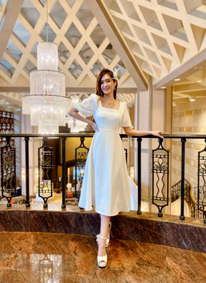 *S&C MADE* Puffy Sleeve Square Neck Midi Dress WHITE (S)