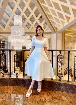 *S&C MADE* Puffy Sleeve Square Neck Midi Dress WHITE (S)