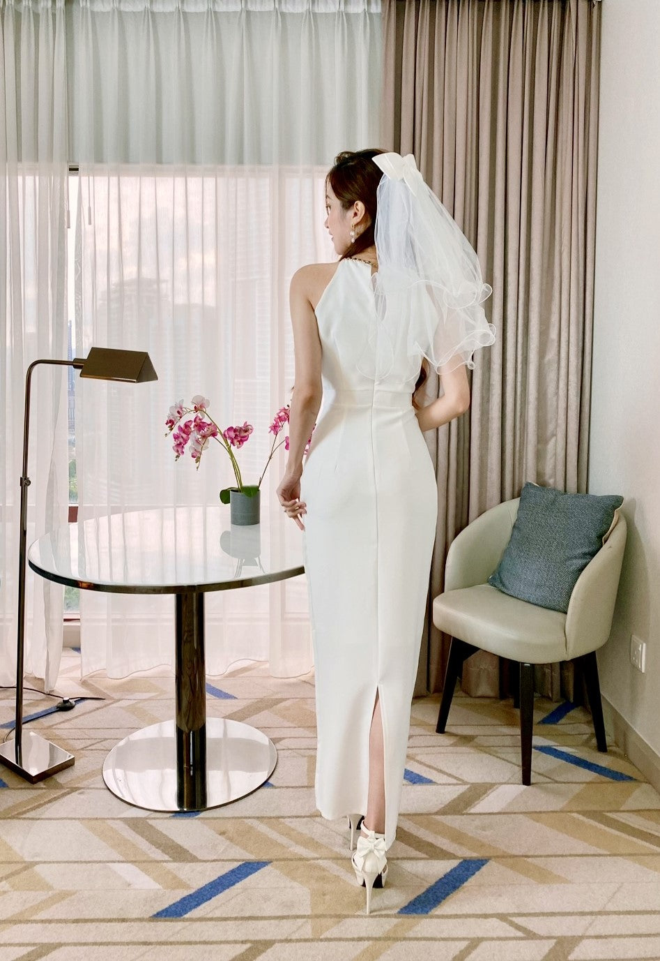 Halter Chain Design Long Dress  WHITE/ MAROON (S-L)