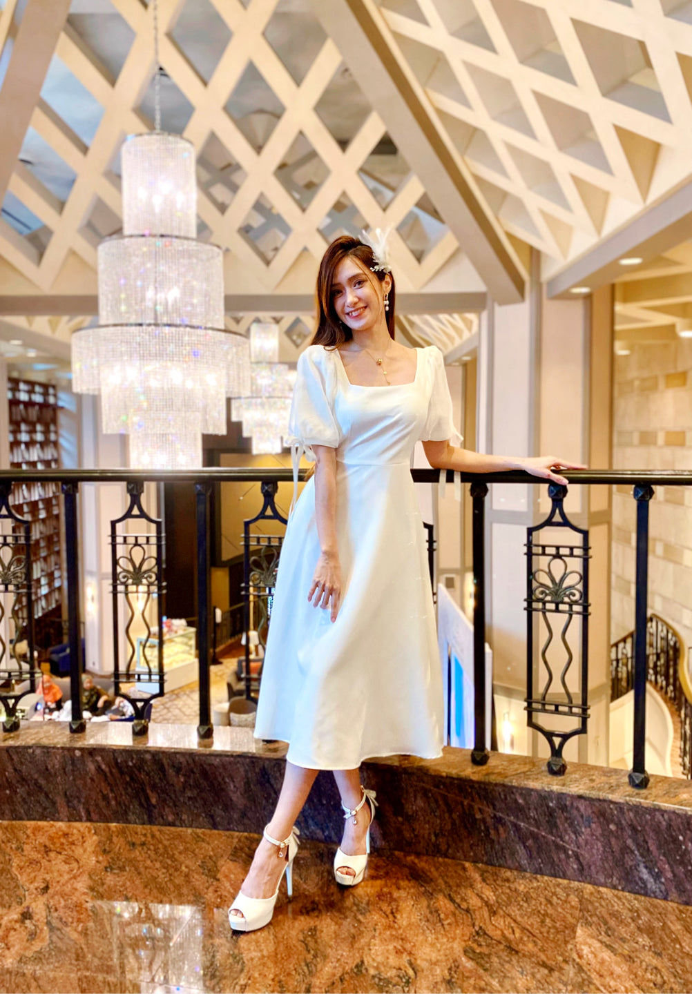 *S&C MADE* Puffy Sleeve Square Neck Midi Dress WHITE (S)