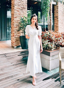 V Pleats Design Mermaid Maxi Gown WHITE/ PINK (S-L)