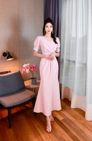 V Pleats Design Mermaid Maxi Gown WHITE/ PINK (S-L)