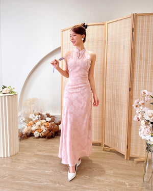Halter Embroidery Lace Pleats Qipao PINK (SM)