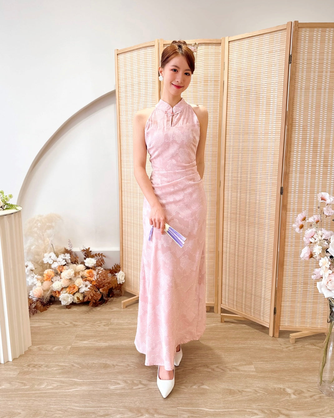 Halter Embroidery Lace Pleats Qipao PINK (SM)