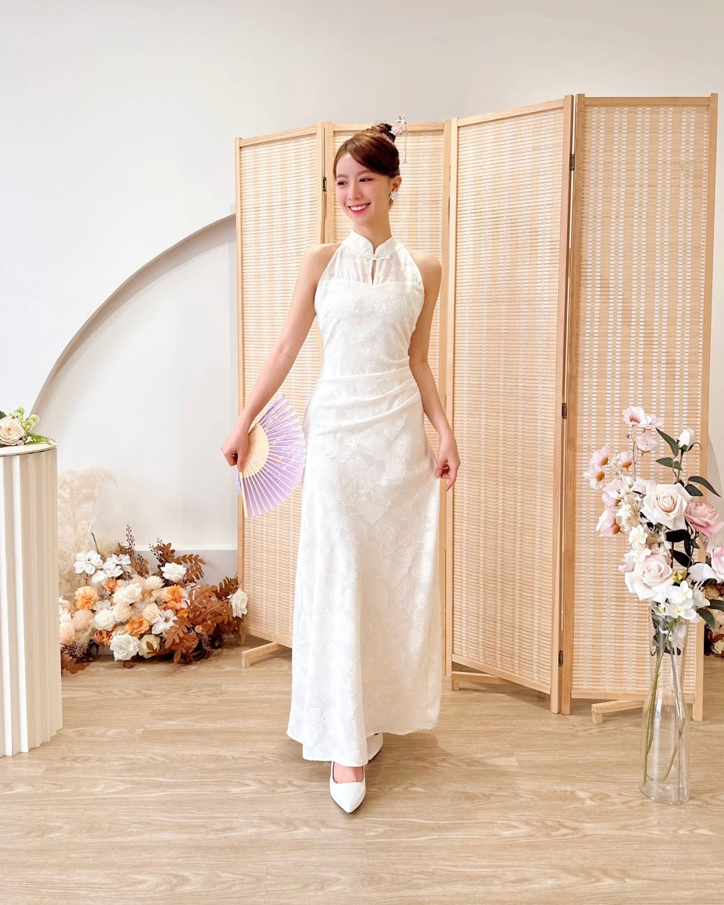 Halter Embroidery Lace Pleats Qipao PINK (SM)