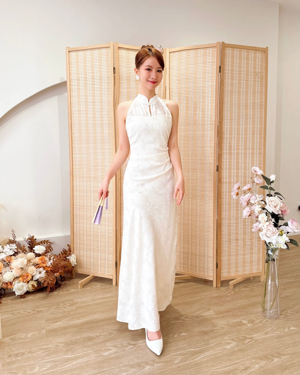 Halter Embroidery Lace Pleats Qipao PINK (SM)