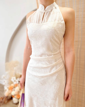 Halter Embroidery Lace Pleats Qipao PINK (SM)