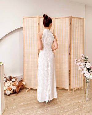 Halter Embroidery Lace Pleats Qipao PINK (SM)