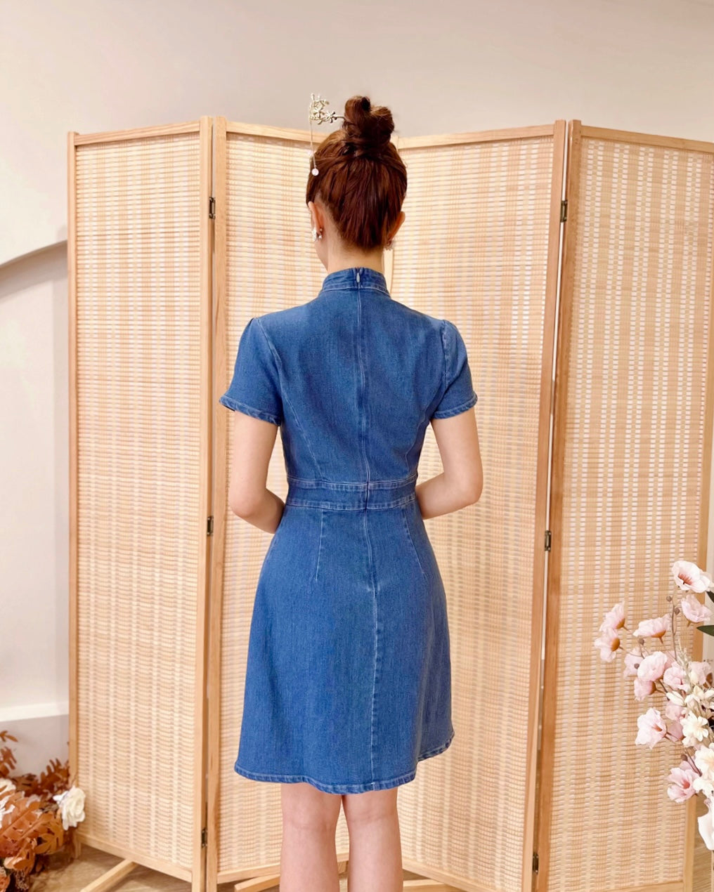 Denim Oriental Collar Mini Dress DENIM BLUE/ DARK BLUE (S-XL)