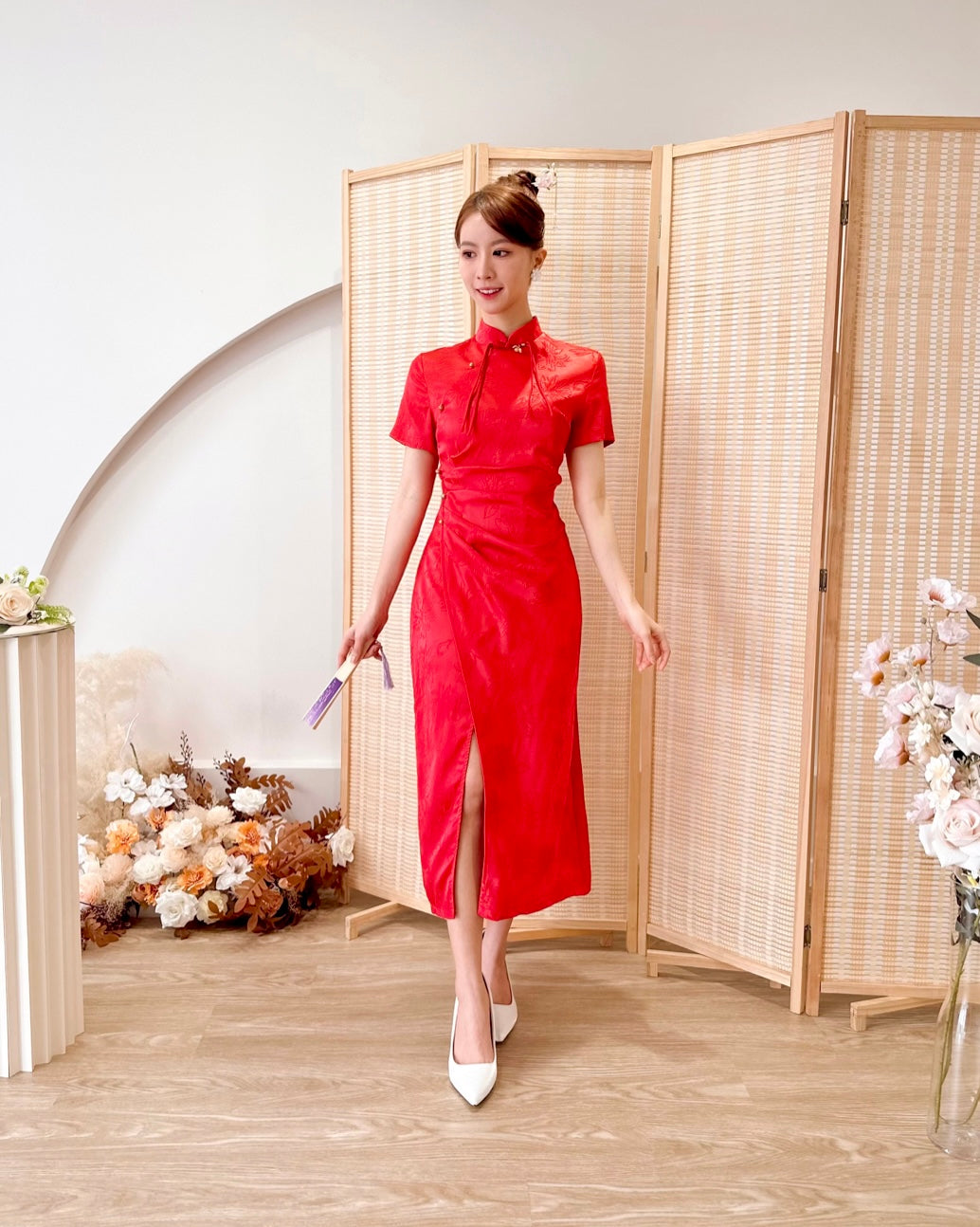 Floral Satin Cheongsam Knot Slit Dress PEACH PINK/ BRIGHT RED (S-XL)