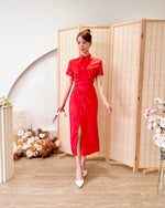 Floral Satin Cheongsam Knot Slit Dress PEACH PINK/ BRIGHT RED (S-XL)