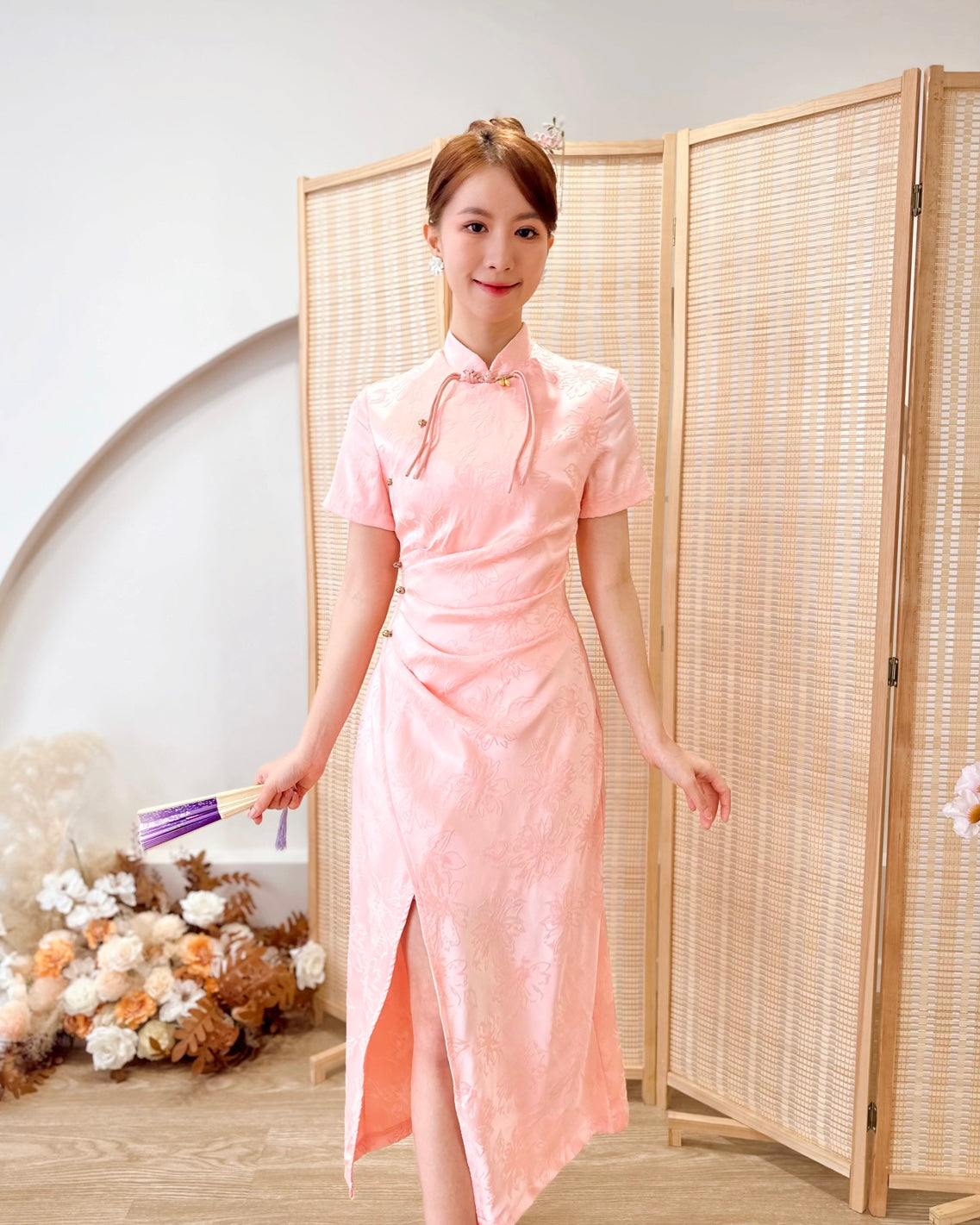 Floral Satin Cheongsam Knot Slit Dress PEACH PINK/ BRIGHT RED (S-XL) Sweet & Classy Co. Floral Satin Cheongsam Knot Slit Dress PEACH PINK/ BRIGHT RED (S-XL) Sweet & Classy Co.