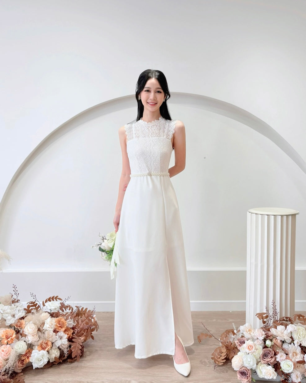 Sleeveless Lace A Line Maxi Dress WHITE/ PINK (S-XL)