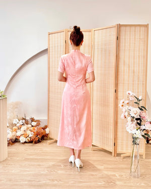 Floral Satin Cheongsam Knot Slit Dress PEACH PINK/ BRIGHT RED (S-XL)