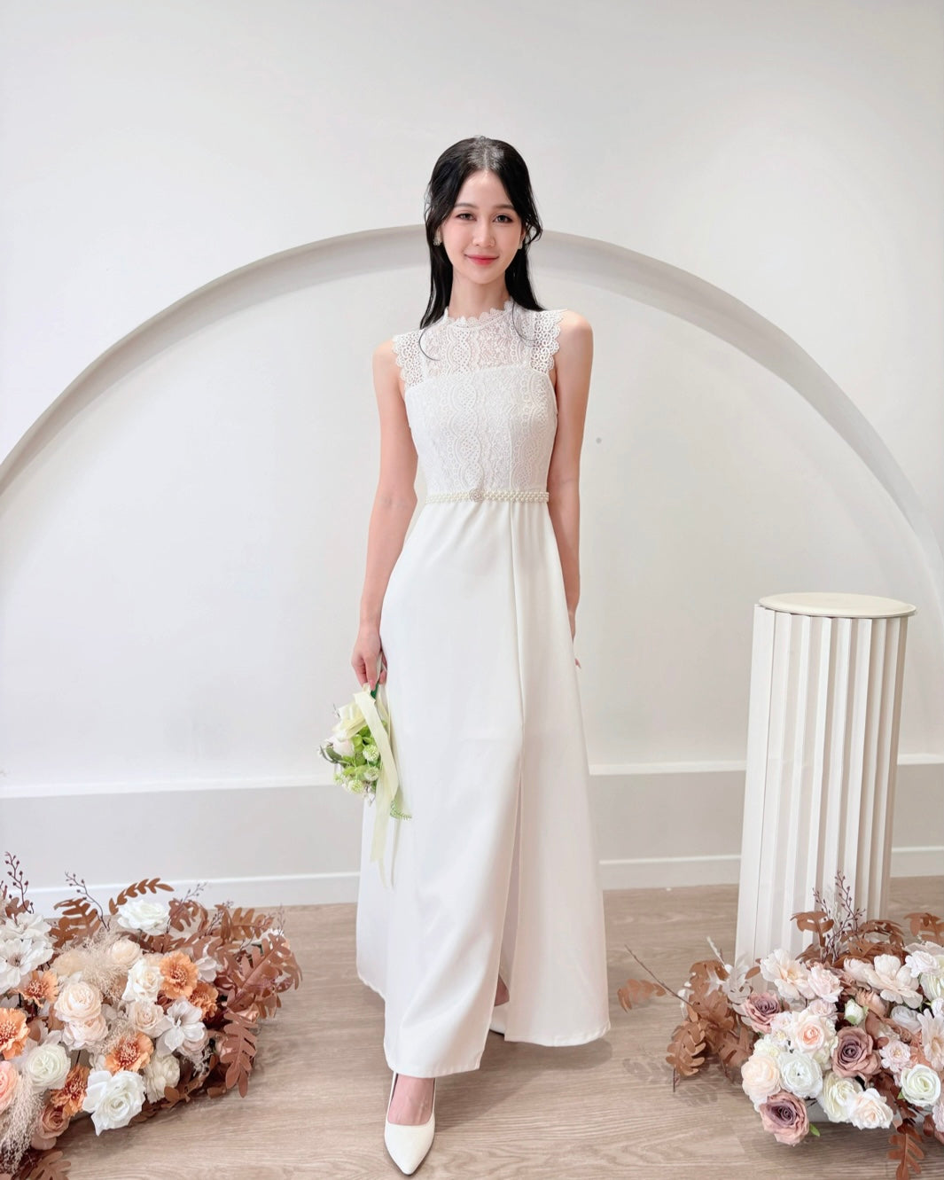 Sleeveless Lace A Line Maxi Dress WHITE/ PINK (S-XL)