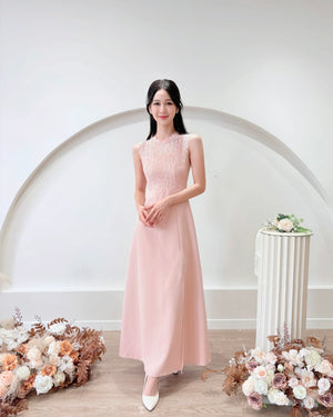 Sleeveless Lace A Line Maxi Dress WHITE/ PINK (S-XL)